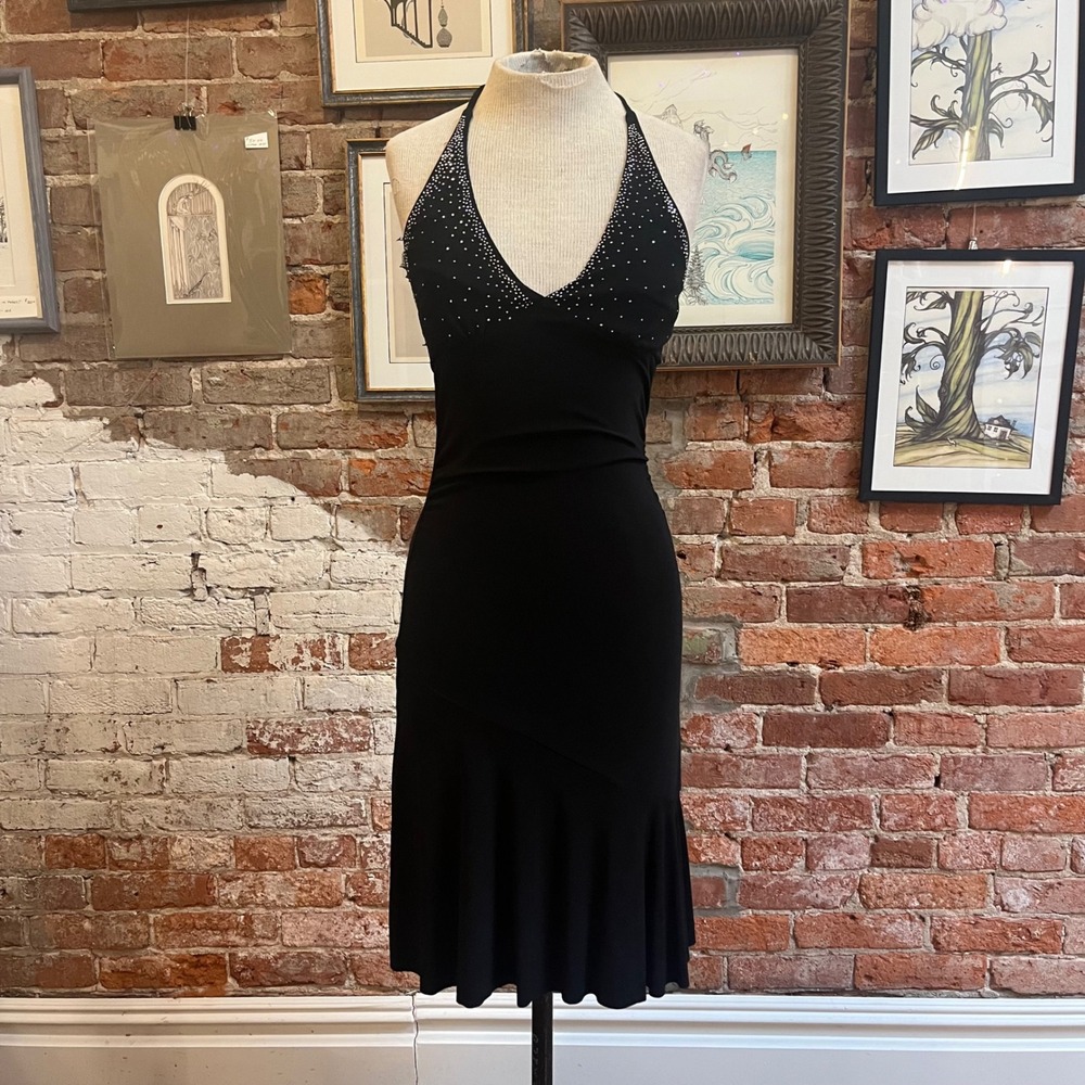 Vintage Taboo Y2K Black Studded Halter Neck Dress Ruffle Hem Open Back - Small